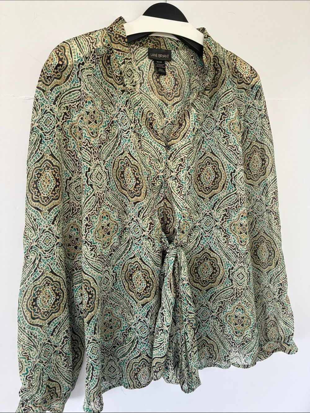 Lane Bryant Green Paisley Tie-Front Sheer Blouse with Brown Accents 22/24